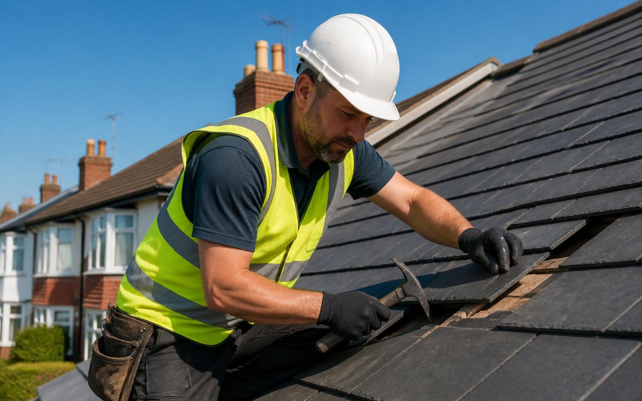 Professional roofer repairing a UK roof